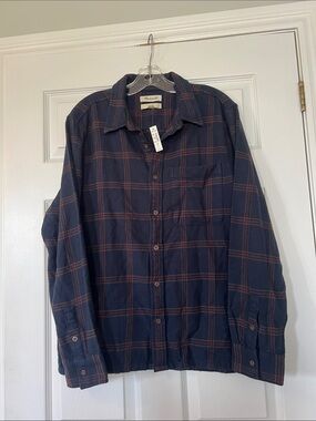 NWT- Madewell Men's Navy and Brown Plaid Button-Down Shirt